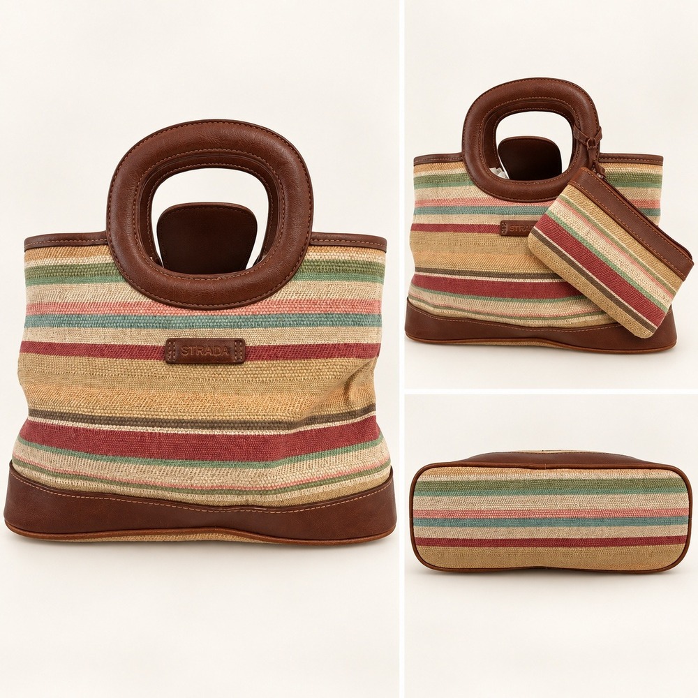 Strada Striped Canvas Handbag Brown Faux Leather Trim Satchel with Coin Purse